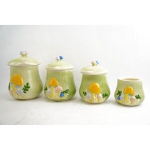 Arnels Canister Set Green Mushroom Vintage 1970s Ceramic Kitchen Jars Good